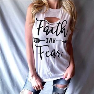 Laser Cut Faith Over Fear Graphic Muscle Tank Tee